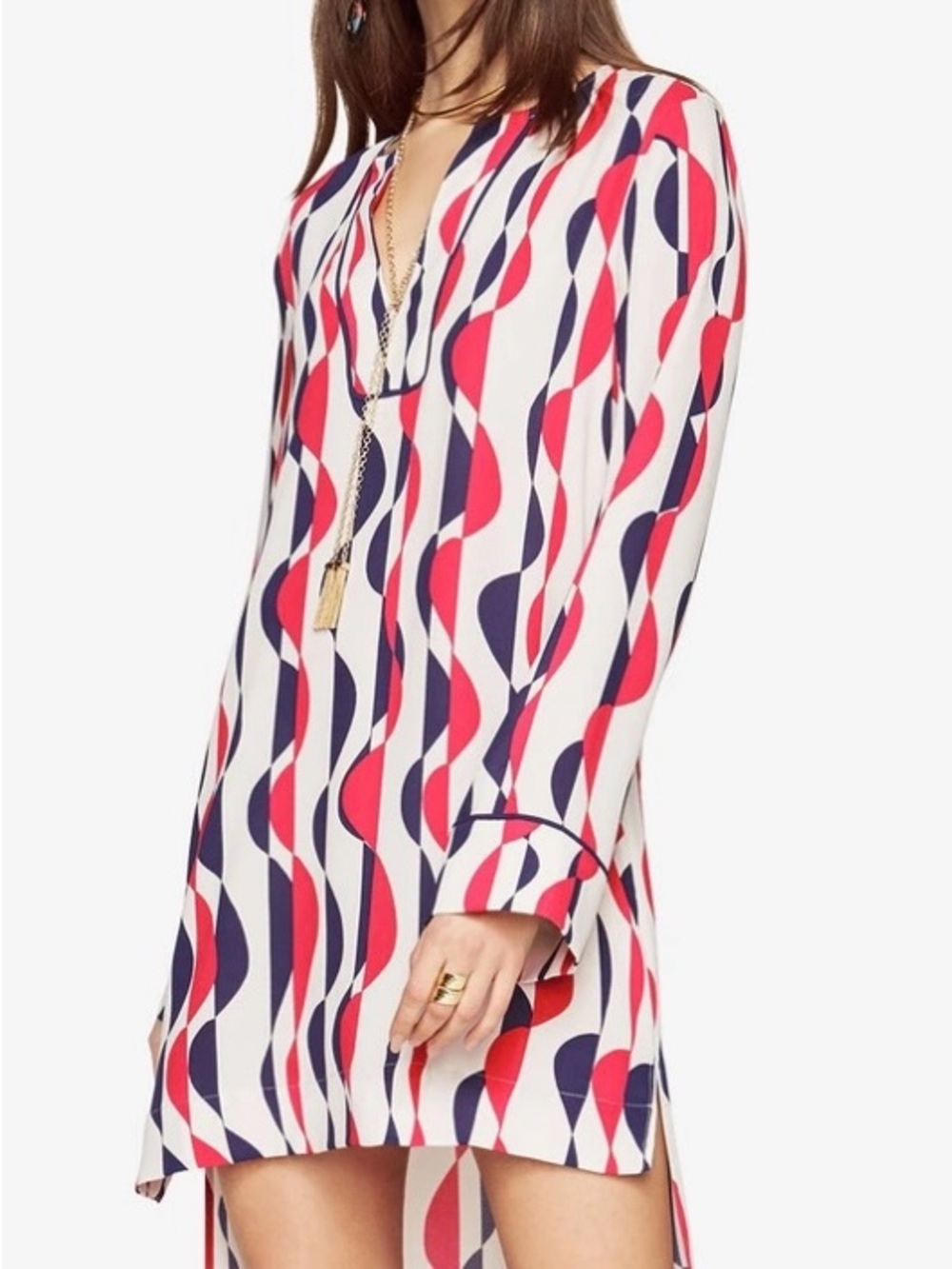 BCBGMaxAzria Red, Navy & White High-Low Wave Print Dress
